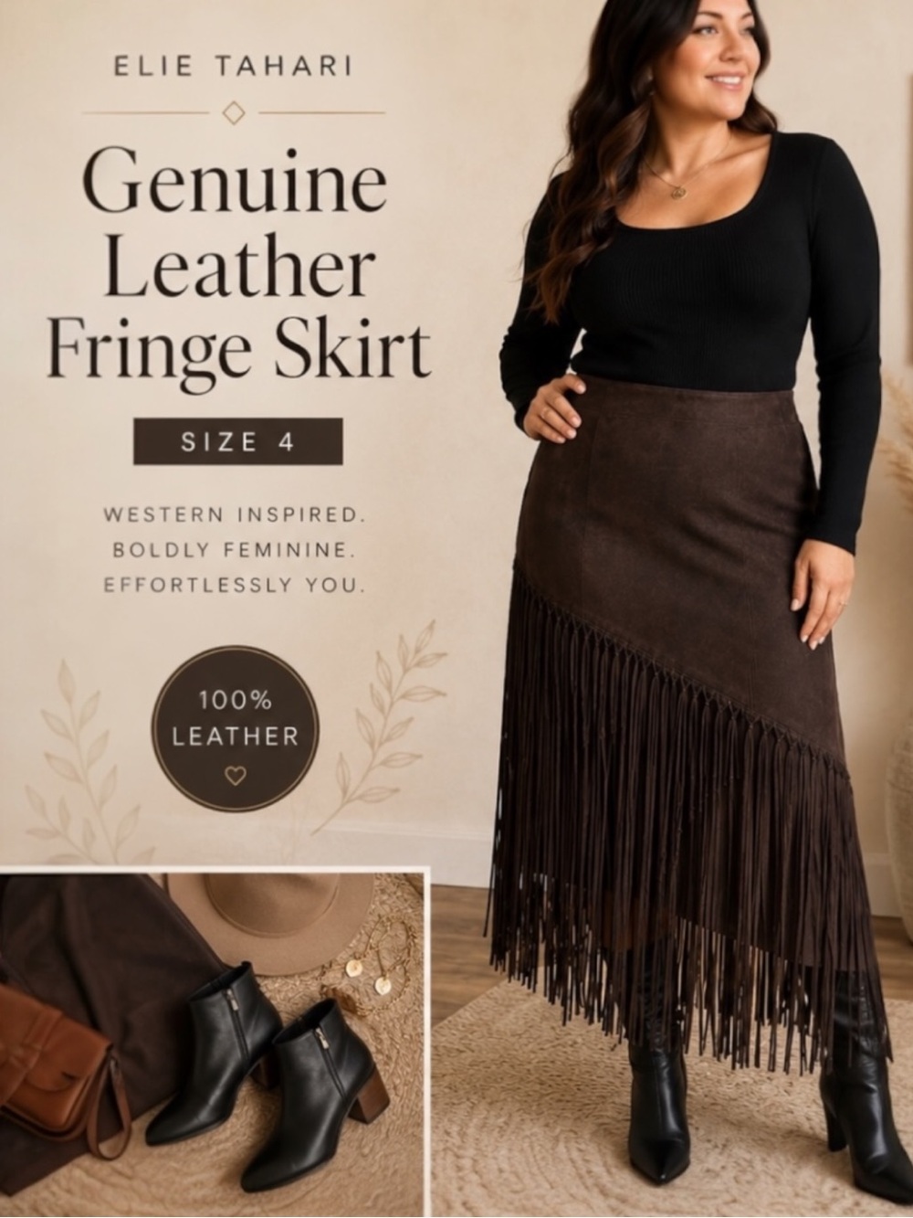 Eli Tahari Brown Genuine Leather Fringe Skirt Size 4 Western Boho Festival